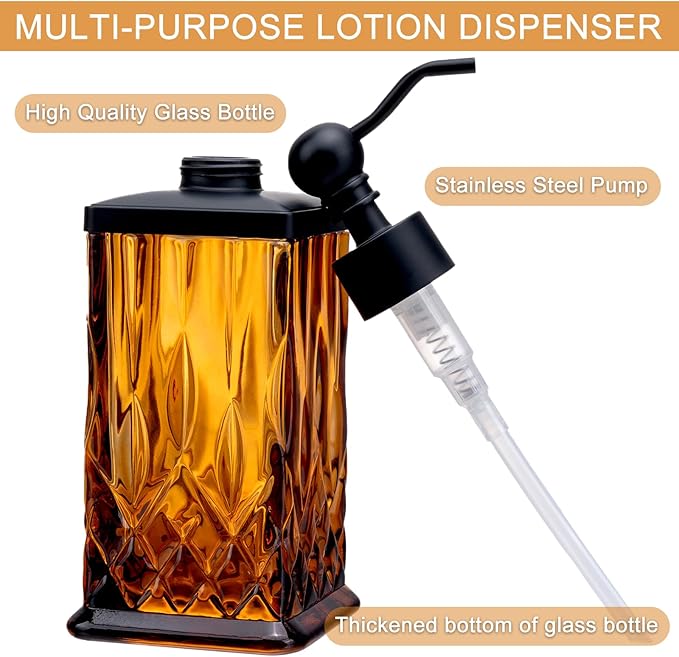 10Oz Amber Glass Soap Dispenser with Matte Black Pump,Lead-Free Thick-Cut Glass,Countertop Soap Dispensers for Bathroom & Kitchen,Square