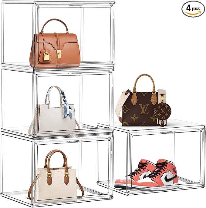 EDS FAM 4 Pack Clear Shoe Box Organizer,Size 14 Acrylic Display Cases for Book Cosmetic Figures Collectibles Showcase,X-Large Bag Stackable Plastic Storage Bins with Magnetic Lid