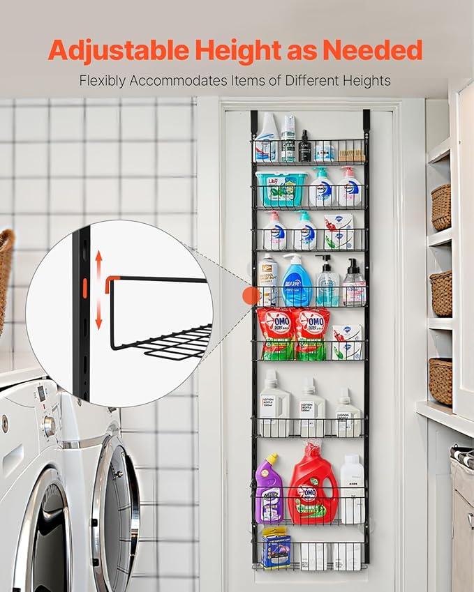 VEVOR Over the Door Pantry Organizer, 8-Tier Pantry Organization and Storage, Heavy-Duty Steel Hanging Spice Rack, Adjustable Wall Seasoning Shelves, for Home Kitchen Laundry Room Bathroom, Black
