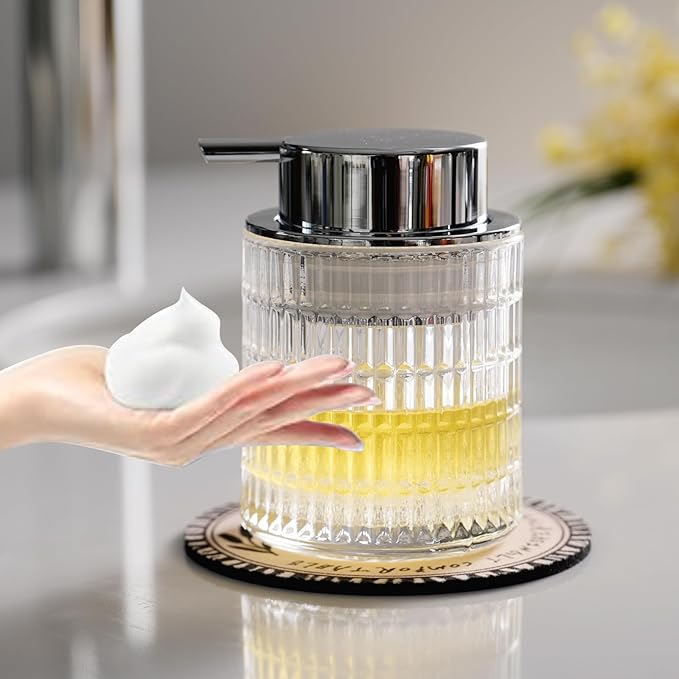 Foaming Hand Soap Dispenser, Glass Foam Soap Dispenser or Lotion Dispenser for Kitchen & Bathroom Refillable Liquid Soap Dispenser with Large Silver Pump(Striped Pattern-Clear)