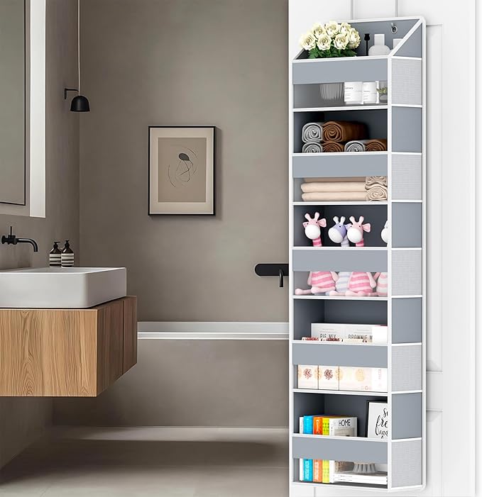 Over The Door Organizer - Over Door Storage Organizer with 5 Large Pockets & 10 Mesh Side Compartments - Heavy-Duty Hanging Storage for Bathroom, Bedroom & Closet - Baby Room Organize - Grey