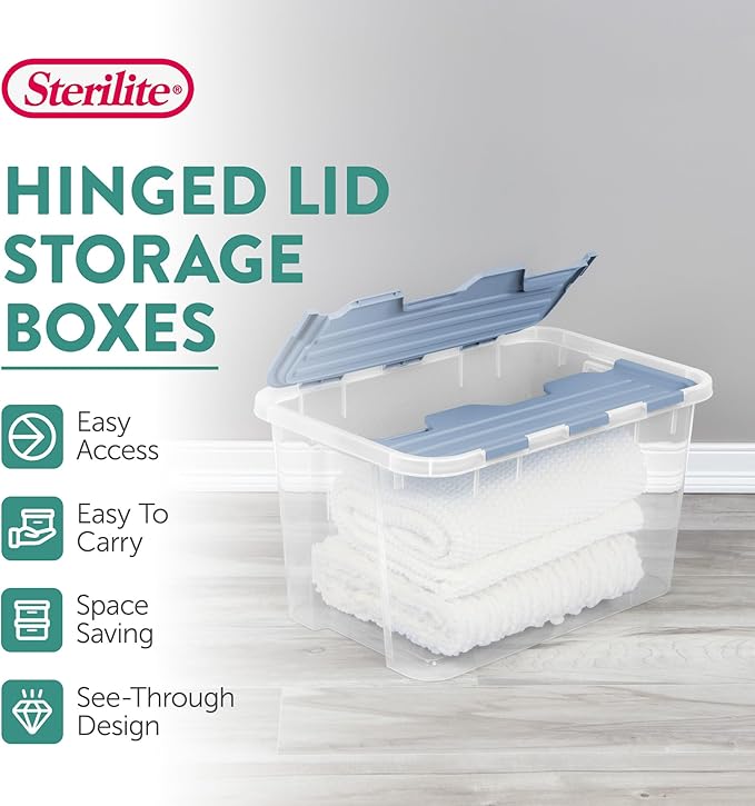 Sterilite 6 Pack Hinged Lid Storage Box, 60 Qt Plastic Container, Washed Blue - Home Organizer Tote for Storing Shoes, Crafts, Clothing, or Decor