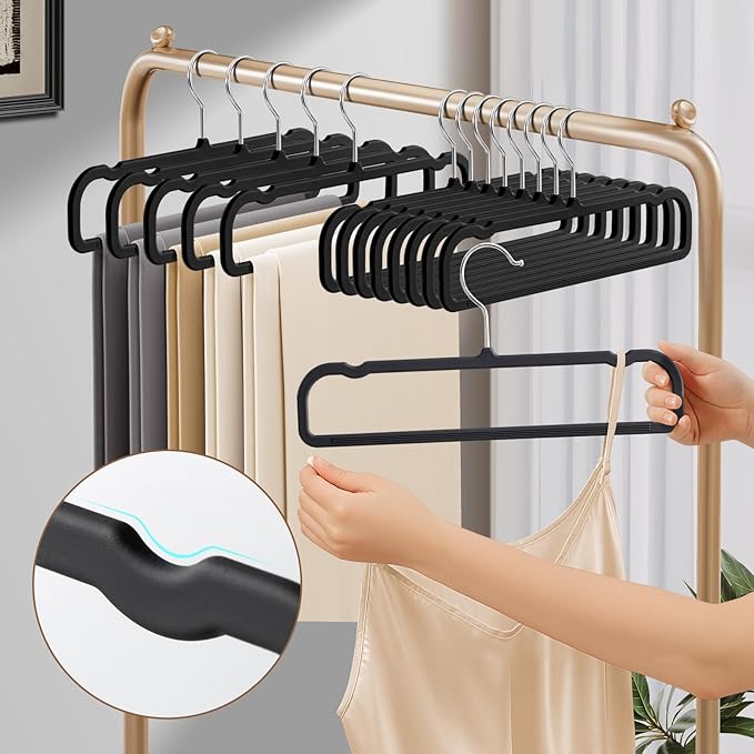 HUADYMEET 14 Inch Soft-Touch Pants Hangers Non Slip, 20 Pack Slim Silky Feel Jeans Trousers Shorts Hangers with 10 Hooks,Strong Durable Thin Space Saving Clothes Hanger for Men Women,Skirts(Black)