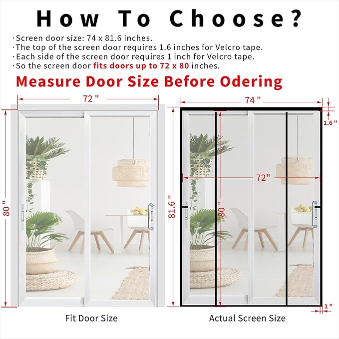 Double Door Mesh Screen Magnetic Closure Heavy Duty for Sliding Door 72" x 80" Extra Long Magnet Bug Screens for French Doors, Self Closing Fiberglass Mosquito Net for Doorway, Keep Bugs Out