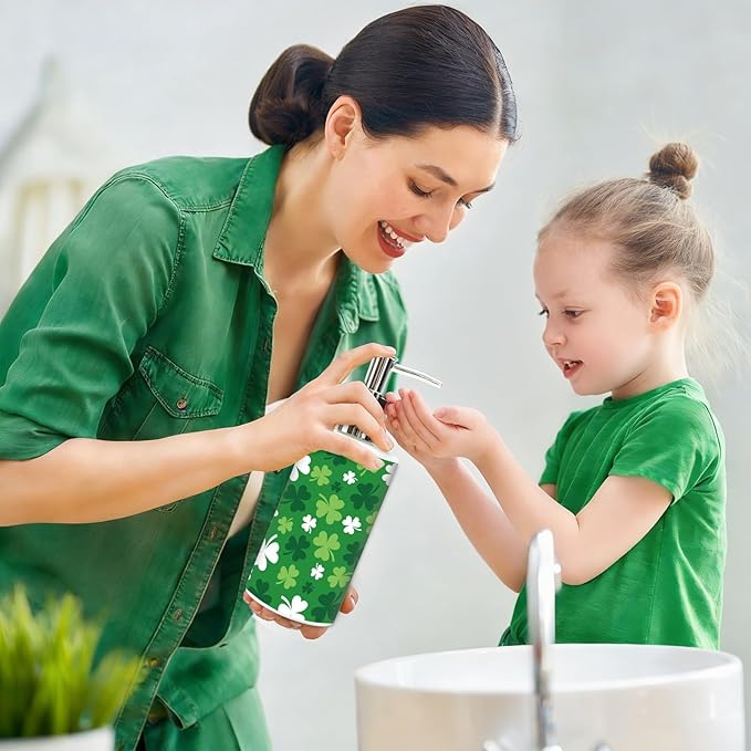 JarThenaAMCS St. Patrick's Day Soap Dispenser Glass Dispenser with Pump Refillable Green Shamrock Clover Liquid Soap Container for Irish Holiday Home Kitchen Bathroom Countertop