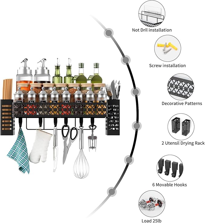 Hanging Spice Rack Wall Mount, Over Stove Spice Organizer Shelf with Wall Hanging Utensil Holder 6 Hooks for Kitchen, Black