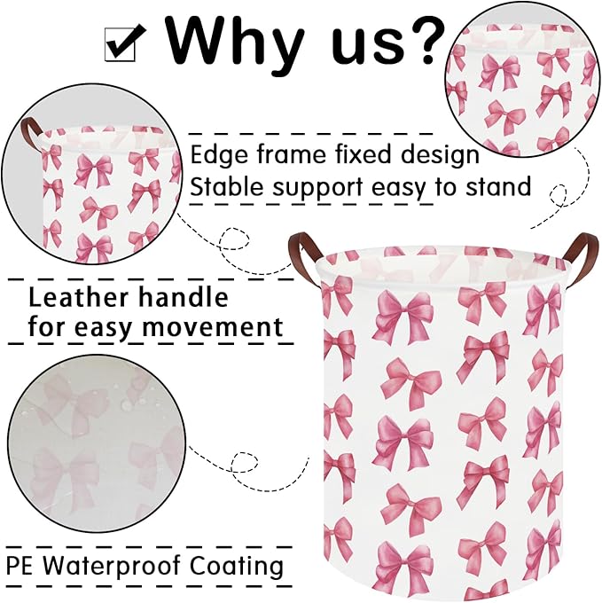 Bow laundry basket for girls,Nursery Hamper,Pink Laundry Hamper,Waterproof collapsible canvas laundry basket for girls,Pink Girls Laundry Basket,Living Room Decor(Bowknot)