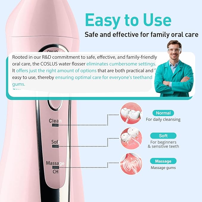 COSLUS Water Dental Flosser Teeth Pick C20(F5020E): Portable Cordless Oral Irrigator 300ML Rechargeable Travel Irrigation Cleaner IPX7 Waterproof Electric Flossing Machine for Teeth Cleaning, Pink