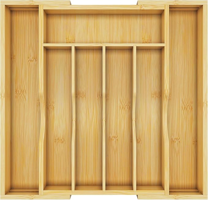 Bamboo Utensil Organizer for Kitchen Drawers, Utensil Tray and Cutlery Silverware Holder,Wood Drawer Dividers with 7 Slots（Natural）