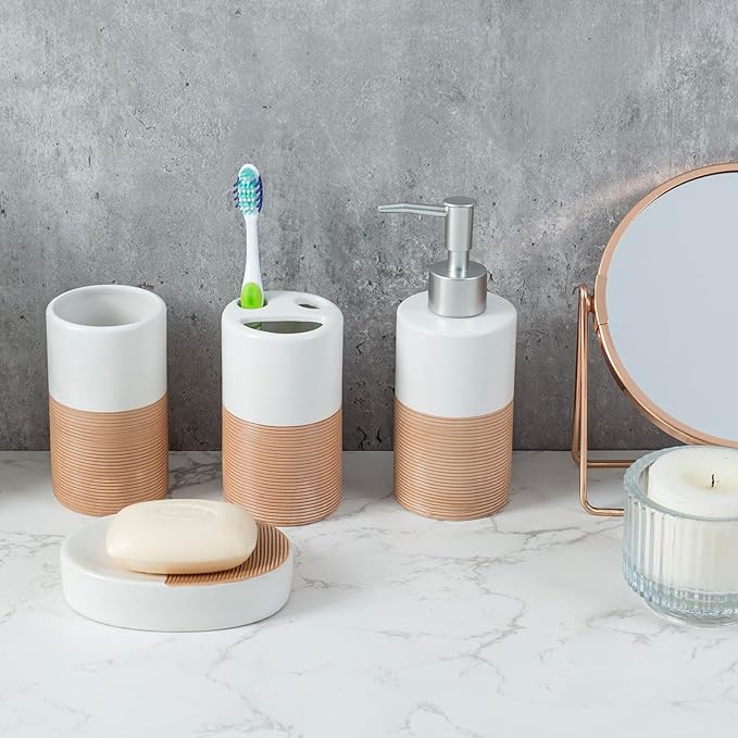 MyGift 4 Pcs Soap Dispenser and Toothbrush Holder Set, Ceramic Bathroom Accessories Set, Soap Dish, Pump Dispenser, Tumbler Cup, Dual Tone White with Clay Stripe