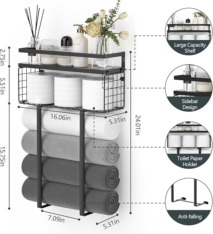 Towel Racks for Bathroom, Metal Towel Holder with Storage Basket,Wall Towel Rack for Rolled Towels, Towel Storage for Small Bathroom,Black