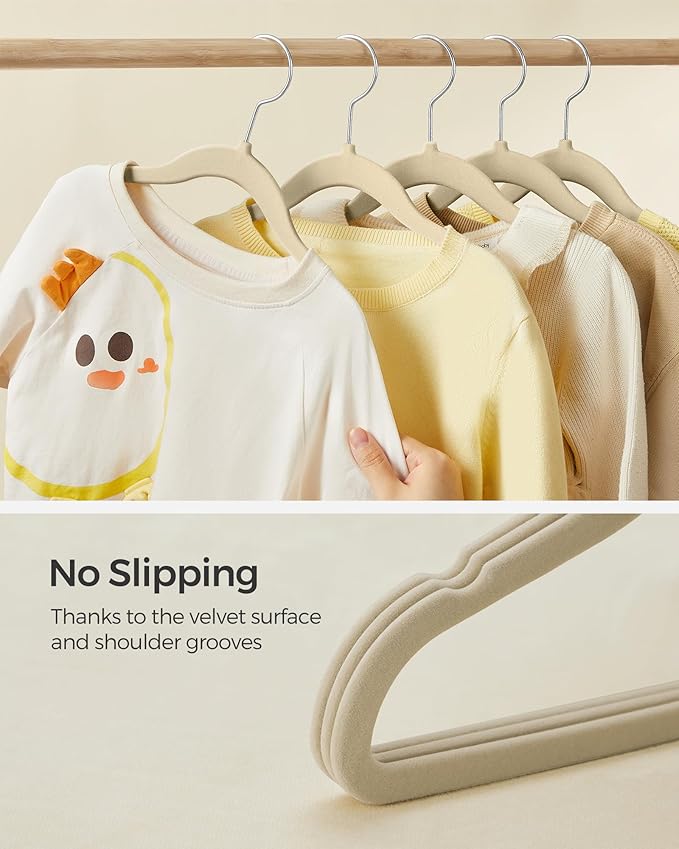SONGMICS Baby Kids Hangers 50 Pack for Closet, 11.8 x 8.1 Inches, Silver 360° Swivel Hooks, Space-Saving Clothes Velvet Hangers for Nursery, Non-Slip, Summer Sand UCRF027K05
