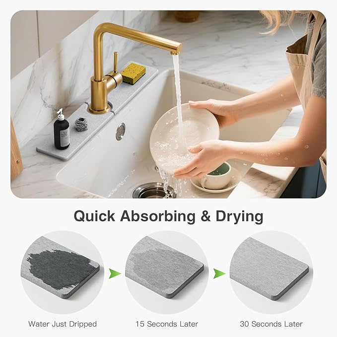 20" x 4" Stone Faucet Mat for Kitchen Sink, Quick Drying Diatomite Sink Tray, Faucet Sink Splash Guard for Prevents Moisture Buildup (Light Gray)
