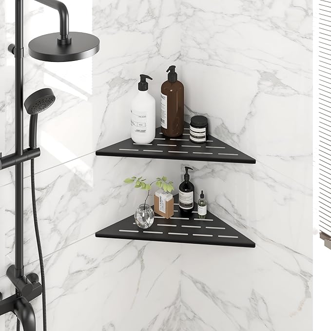 FerdY 2-Pack 10" Matte Black Recessed Corner Shower Shelf, for Tiled Bathroom Walls, 304 Stainless Steel Floating Shower Shelf, Shower Caddy Storage Shelves, No Drilling Required, Striped Triangle
