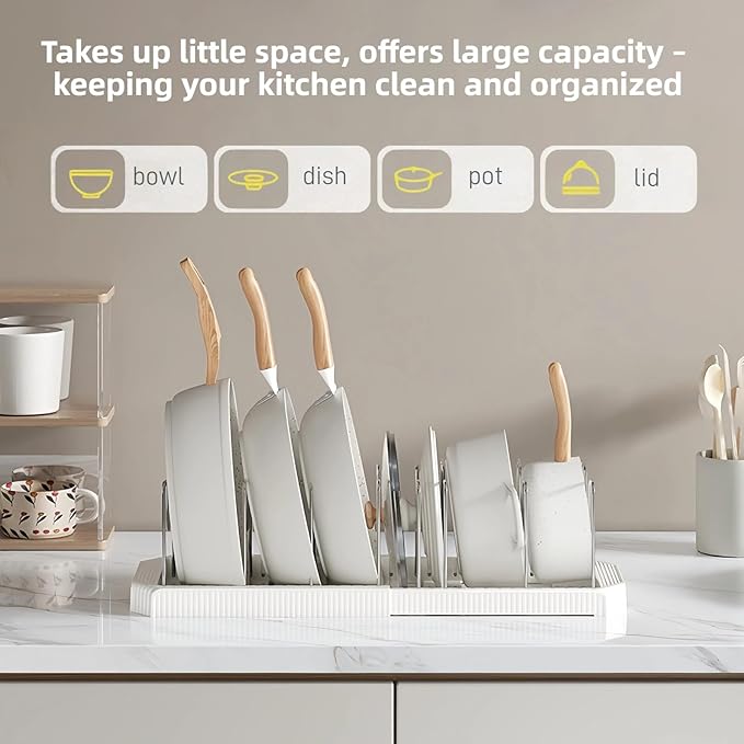 Expandable Pot and Pan Organizer Rack for Kitchen Cabinet or Under Sink, Adjustable Lid Holder with 7 Dividers, Space-Saving Storage for Renters, Small Homes, and Busy Cooks, White