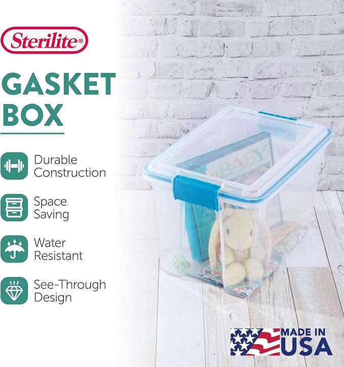 Sterilite 12-Pack Gasket Box, Weather-Resistant Storage Bins with Latching Lids, 20 Quart - Heavy-Duty Organizing Containers for Closet, Bathroom, and Office