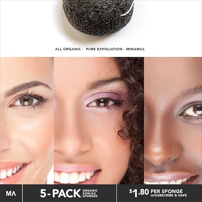 Minamul Konjac Exfoliating Organic Facial Sponge Set, Gentle daily face scrub/skincare, best bamboo activated charcoal, Safe for Oily, Dry, Combination or Sensitive skin, Makeup Remover, 5 pack