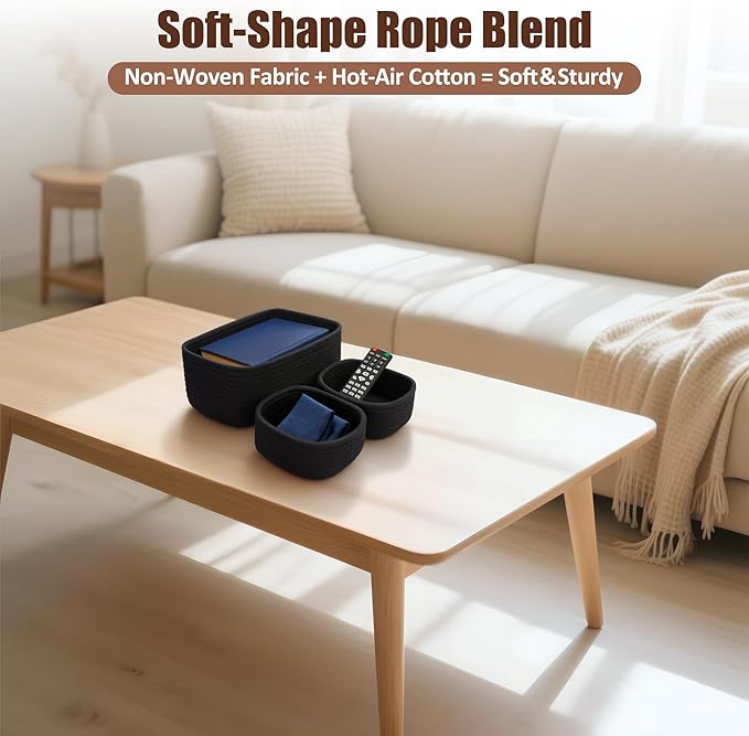 5-Pack Small Woven Rope Storage Baskets – 2 Sizes Organizer Bins for Closet, Shelf, Bookshelf, Nursery, Changing Table, Fabric Cube Boxes, Rectangular Shallow Bins for Bathroom, Toy & Home