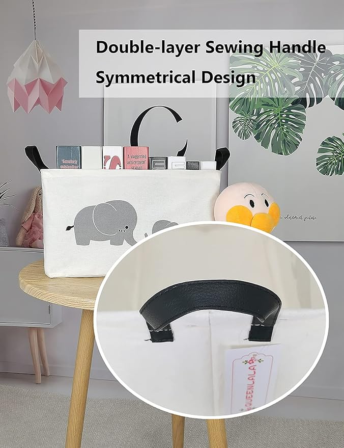 QUEENLALA Rectangular Laundry Hamper/Foldable Nursery Laundry Basket for Organizing/Storage Bin Baskets/Children Toy Office Bedroom/Toy Bin Closet Shelf Baskets（Rec-Parent-child elephant）