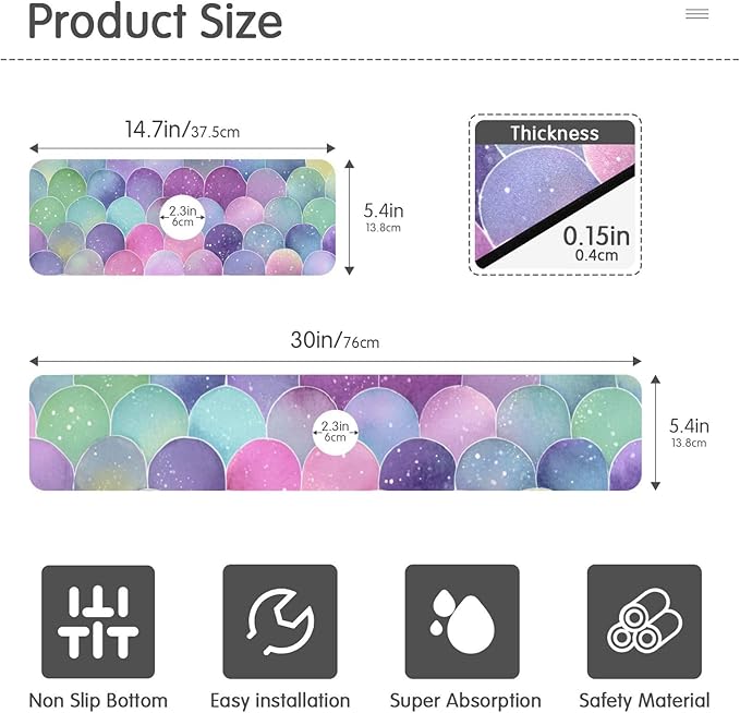 Kitchen Sink Splash Guard 1 PC 30 Inch Sink Faucet Mat Splash Guard for Bathroom Countertop Water Absorbent Foldable Cuttable Soft Washable Watercolor Mermaid Scales Colors