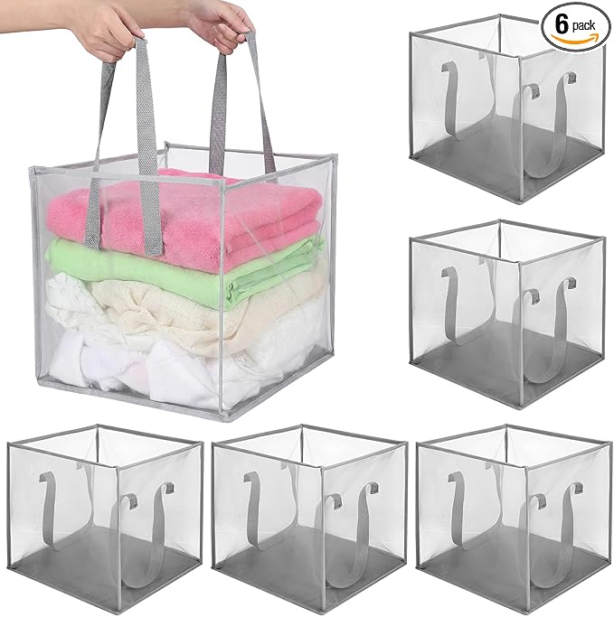 6 Pack Popup Laundry Hamper 13 Inch Collapsibles Laundry Baskets with Handles, Portable Mesh Dirty Clothes Baskets Single Layer Foldable Clothes Hamper for Washing Storage, Dorm and Travel Use (Gray)