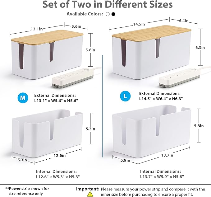 ZhiYo Bamboo Lid Cord Organizer Box, 2Pack Large Cable Management Box, Safe ABS Wire Organizer for TV and Computer, Wood Cover Cord Hider to Hide Wires, USB Hub & Under Desk Power Strip, White