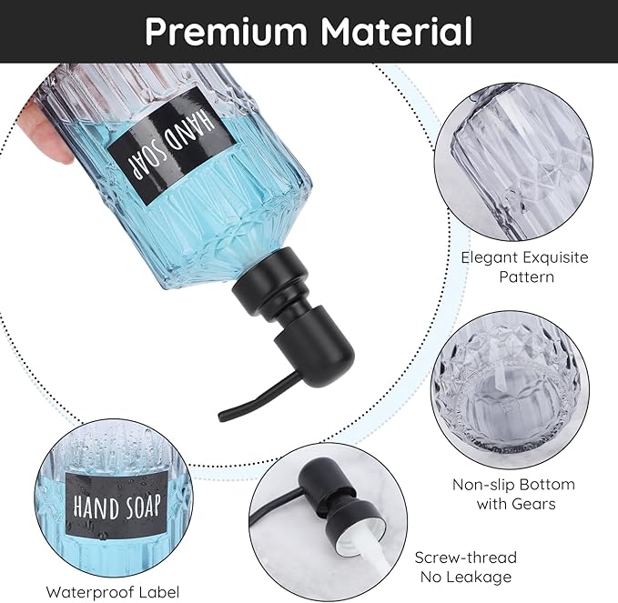 Segbeauty Glass Soap Dispenser Refillable, 2 Pack 15.2oz Modern Farmhouse Decor Pump Bottles with Labels, 450ml Western Decor Hand Soap Dispenser Set Liquid Gel Container for Bathroom Kitchen Gray