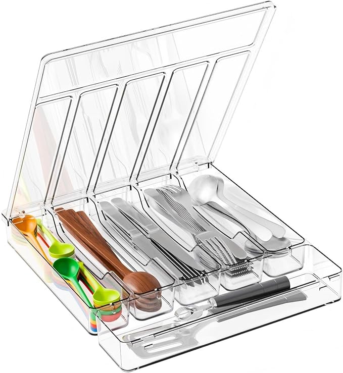 Yieach Clear Silverware Organizer with Lid - 12 inch Wide - Large Silverware Drawer Organizer & Tray and Utensil Drawer Organizers with Lid,BPA Free Plastic Flatware Drawers Organizers for Fork,Spoon