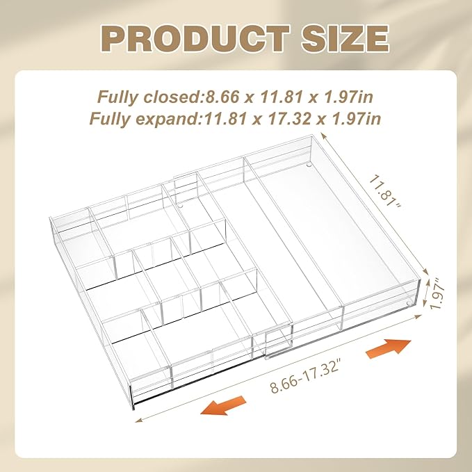 Acrylic Drawer Organizer Clear Desk Drawer Organizer Trays with Adjustable Compartments Desk Accessories for Office Stationery Makeup Silverware Bathroom(Expandable)