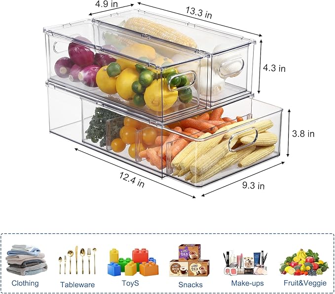 Fridge Drawer Pull Out Stackable Bins, Clear Refrigerator Stackable Organizers, Fridge Organizer Storage for Kitchen, Pantry, Vegetables, Fruits (2 Small + 1 Large)