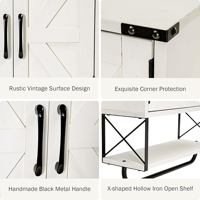 RUSTOWN Farmhouse Medicine Cabinet with 2 Barn Door, Wood Wall Mounted Storage Cabinet with Adjustable Shelf and Towel Bar, 3-Tier Bathroom Cabinet for Bathroom, Living Room(Vintage White, Medium)