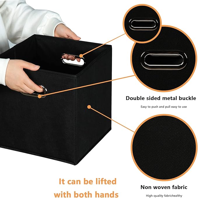 Yunkeeeper storage bins Cubes, Fabric Cube Organizer with Handle, Foldable Cube Bins for Cloth or Accessary Storage, 11x11x11, Set of 6, (black)
