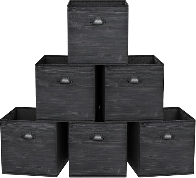 homyfort Fabric Cube Storage Organizer Bins, 12x12 Inch Black Wood Grain Printing Storage Cubes, Closet Cloth Baskets Box For Shelves, Set of 6