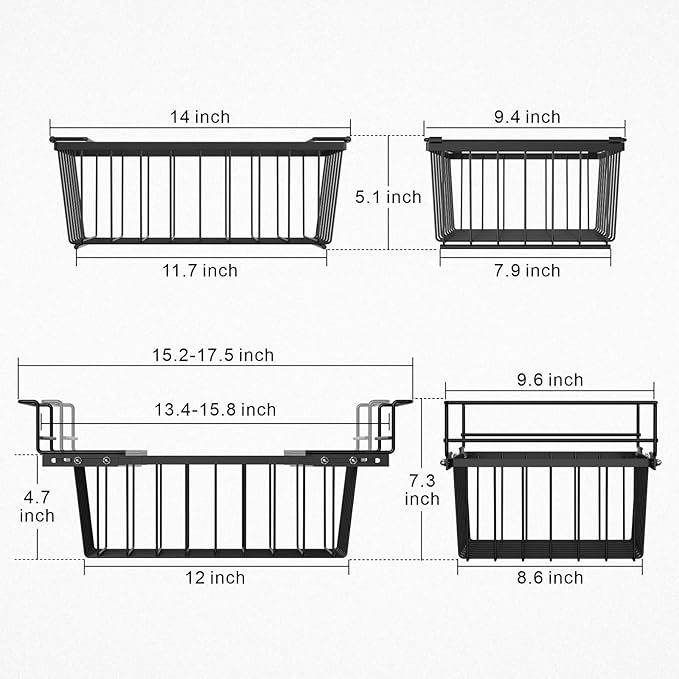 iSPECLE Freezer Organizer Bins - 17.5" Length Fit 5 Cu.FT Chest Freezer, 1 Expandable Hanging Bin & 3 Pack Stackable Deep Freezer Organizer, Sort and Get Frozen Food Easily with Handle, 4 Pack Black