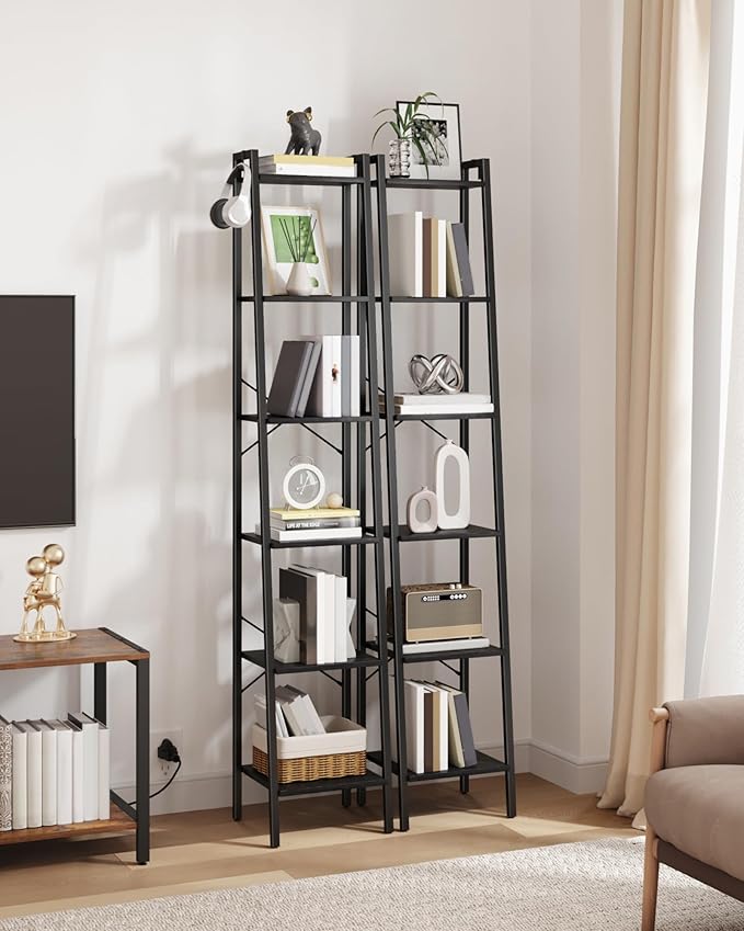 Ladder Shelf, Bookshelf Bookcase, Freestanding Corner Storage Shelve with 2 Hooks for Home Office, Living Room, Kitchen, Bedroom, Industrial, 11.8" D x 13.4" W x 72.8" H, Black BC13304B