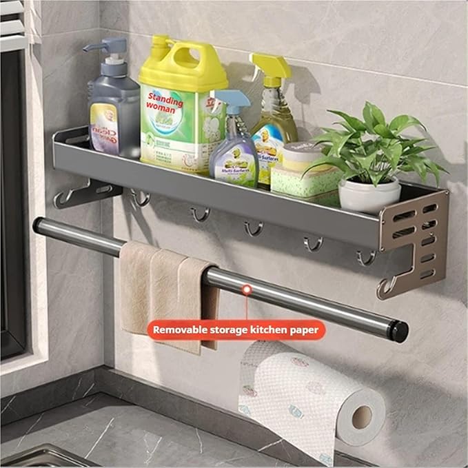 Kitchen Utensil Rack Wall Mounted, Spice Storage Rack, Hanging Storage Rack with Hooks, Cutlery Knife Holder for Knife Spoon Fork Chopsticks Towel (Black)