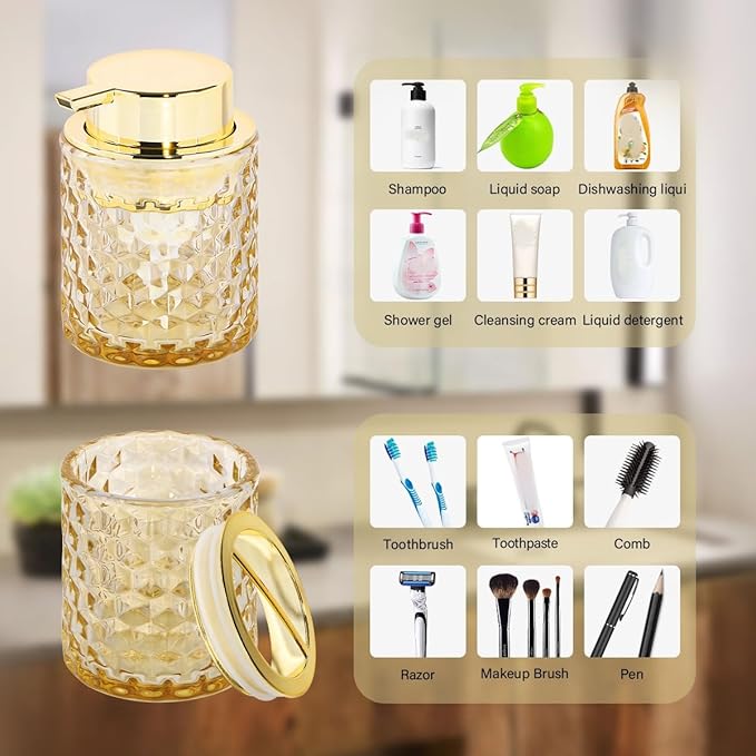 Bathroom Accessories Set, 3pcs Amber Glass Bathroom Accessory Set,Toothbrush Holder, Foaming Soap Dispenser and Tumbler, Gold Bathroom Decor Sets for Organizer, Home Apartment Gift