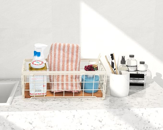 TIEYIPIN Metal Wire Storage Basket, Toilet Paper Roll Holder Wood Base Countertop Decor Box Toilet Tank Shelf Cabinet Organizer for Bathroom Pantry Garage Bedroom Livingroom - Cream White