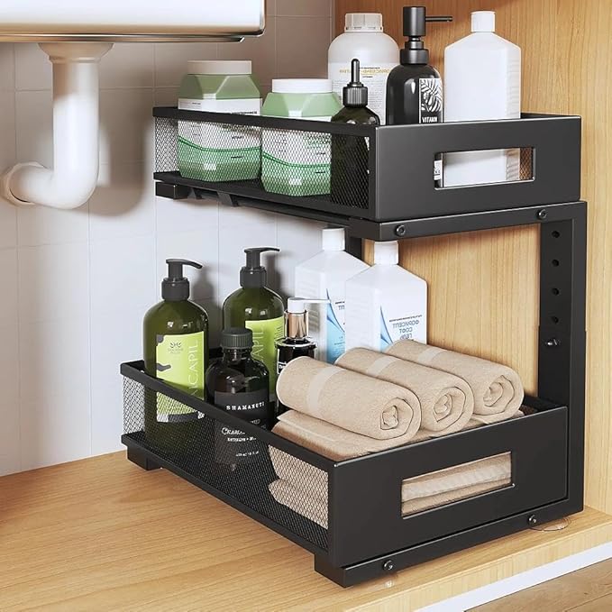 Under Sink Organizer, 2-Tier Dual Pull Out Cabinet Organizer Drawers With Smooth Circular Rail, Large Capacity Metal Mesh Sliding Shelves For Bathroom& Kitchen Storage,Height Adjustable–Black,1 Pack