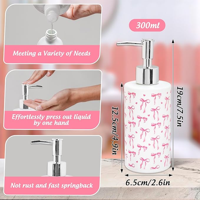 Pink Bow Soap Dispenser Refillable Soap Container Watercolor Bow Mini Heart Glass Soap Dispenser with Pump for Bathroom Kitchen Countertop Decor