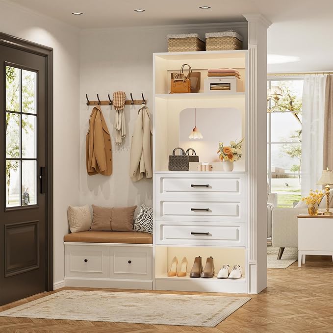 Unikito 25”Freestanding Closet System with 3 Drawers, Closets Organizer Wardrobe with Storage Shelves and Mirror, Sturdy Wood Walk-in Closet Systems for Small Closets, 25" W x 16" D x 80" H, White