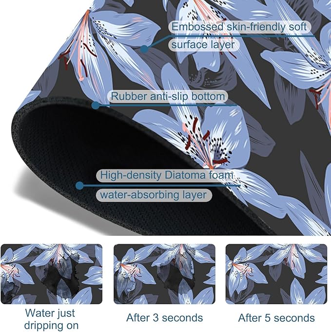 Blooming Lily Sink Faucet Absorbing Mat Blue Lily Flowers Super Absorbent Fast Drying Mat Sink Gadgets Behind Faucet Sinkmat for Kitchen Bathroom, 15.5"x5.5"