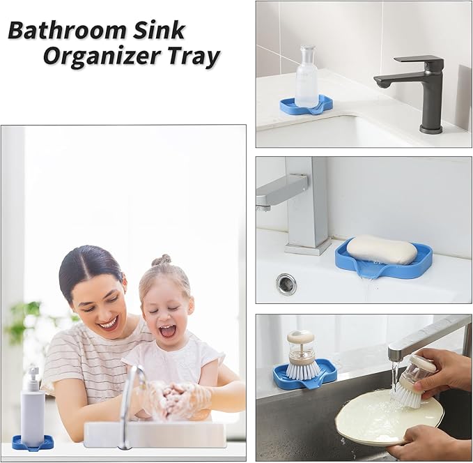 MicoYang Silicone Bathroom Soap Dishes with Drain Spout-Bathroom and Kitchen Sink Organizer,Sponge Holder,Dish Soap Tray,Perfect for Dispenser,Scrubber,Bottle,Cup on Counter Lichen Blue 4.9"×3.2"