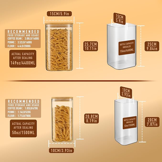D2scrma 156oz 52oz Airtight Glass Square Storage Canister with Bamboo Lid Set of 2(4600ml*1 1550ml*1) Large Gallon Glass Jars for Sugar, Flour, Cookies and Coffee beans (‎with Black Lable)