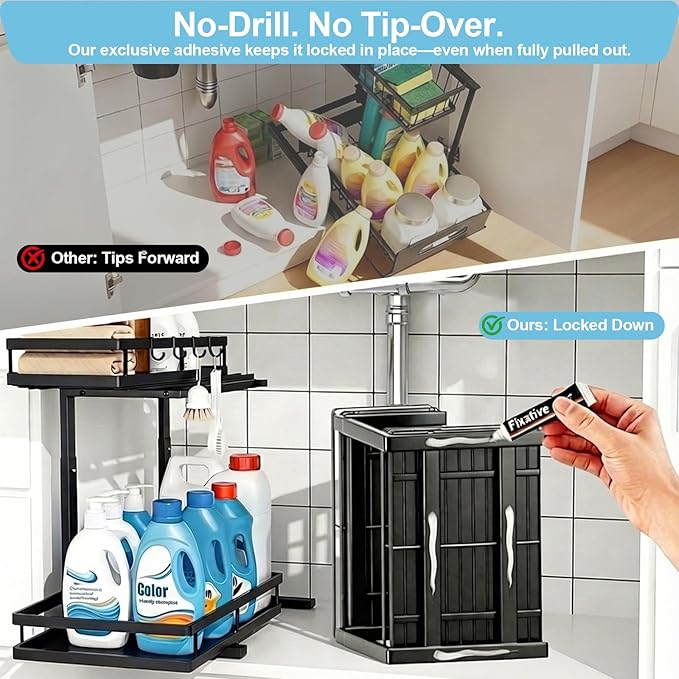2 Pack Under Sink Organizers and Storage, Heavy Duty Metal Pull Out Cabinet Organizer with Ball-Bearing Slides, Height Adjustable L-Shaped Shelf for Kitchen & Bathroom (2-Pack)