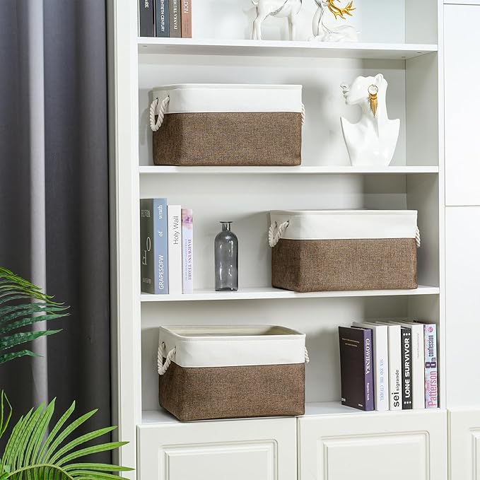 DUHEL Storage Baskets for Organizing,Fabric Storage Baskets for Shelves,Closet Organizers and Storage Basket with Handle,Storage Bins Used for Baby Laundry Basket、Nursery Storage.(White&Brown-3PCS)