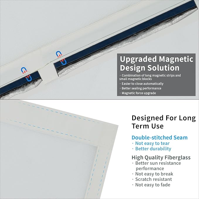 White Screen Door Mesh Magnetic Closure Heavy Duty 48 x 96 inch, Self Closing Fiberglass Mosquito Net with Magnet for Doors, Bug Fly Screens Curtain for Doorway, Keep Bugs Out, Pet Friendly