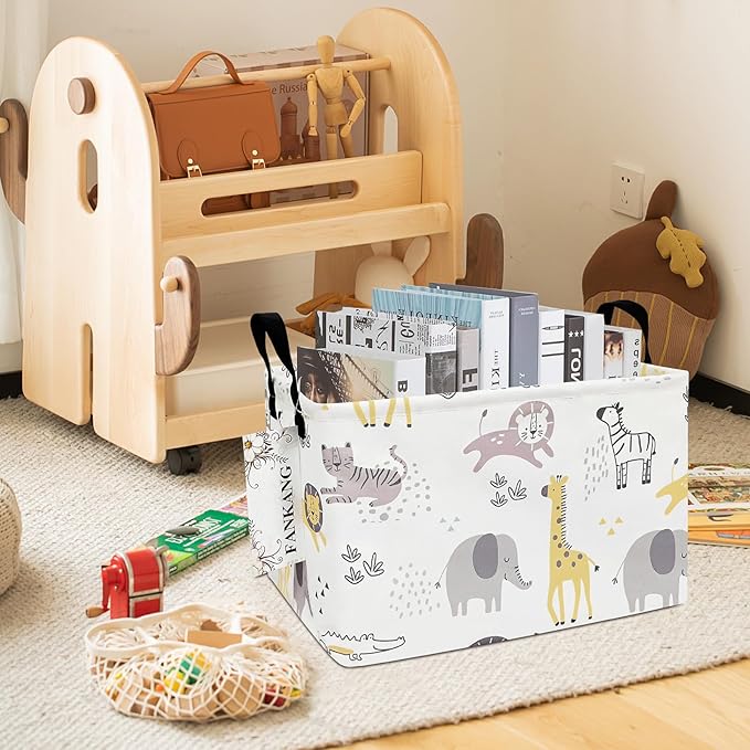 FANKANG Storage Bins, Nursery Hamper Canvas Laundry Basket Foldable with Waterproof PE Coating Large Storage Baskets for Kids Boys and Girls, Office, Bedroom, Clothes,Toys(Rec-Lovely Animals ）