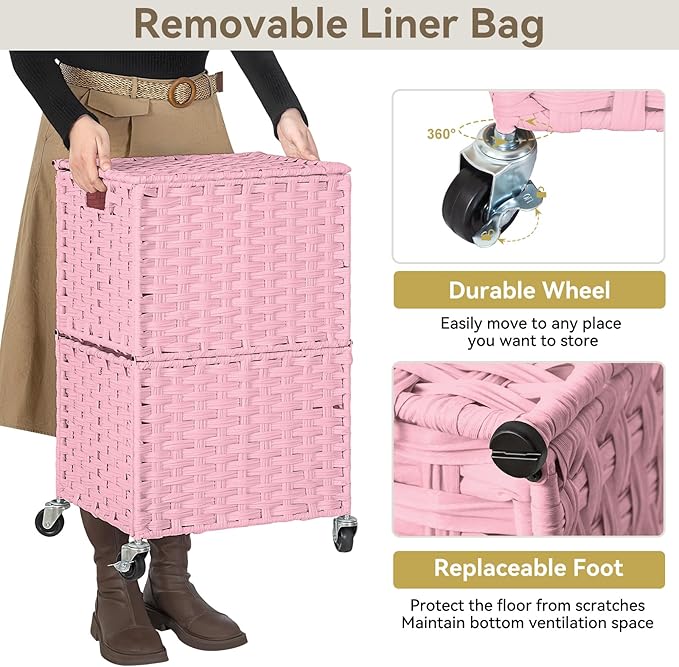 Chrislley 90L Slim Laundry Hamper with Wheels, Rolling Laundry Basket with Lid and Renovable Liner Bag, Handwoven Rattan Organizer for bedroom, bathroom, laundry room (Pink)