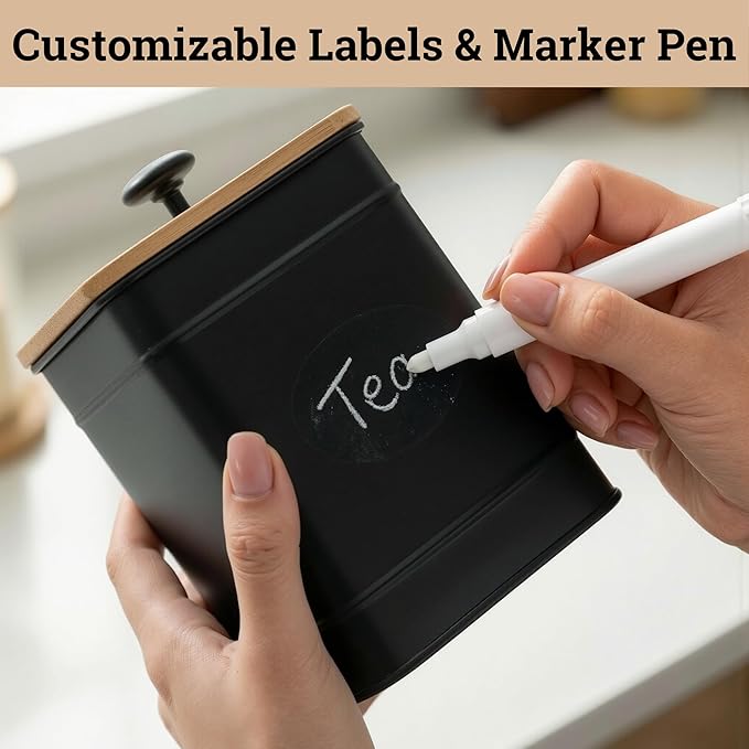 Kitchen Canisters for Countertop Set of 4 with Customizable Chalkboard Labels & Marker Pen - Big Iron Kitchen Canisters with Airtight Lids - Black Canister Set - Flour and Sugar Containers Farmhouse